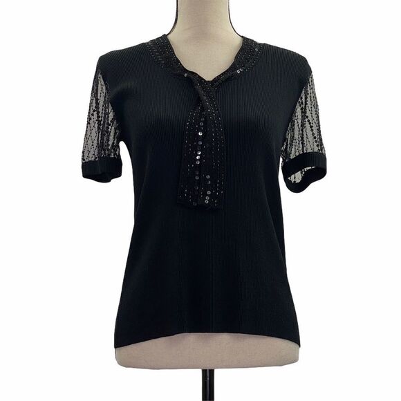 CABLE & Gauge Sheer Black Sequined Ribbed Top M - Picture 1 of 8